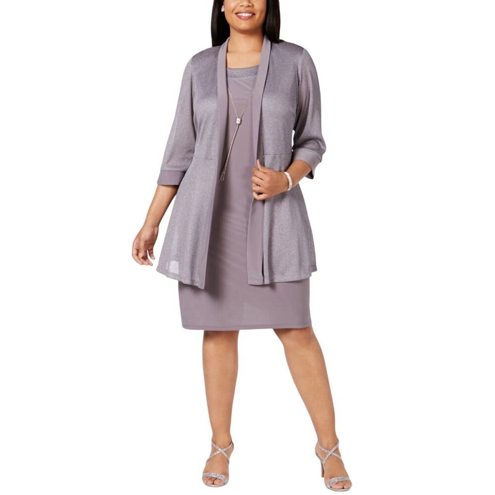 R&M Richards Silver Cocktail Dress & Jacket Metallic Long Sleeve Shift Size 14W